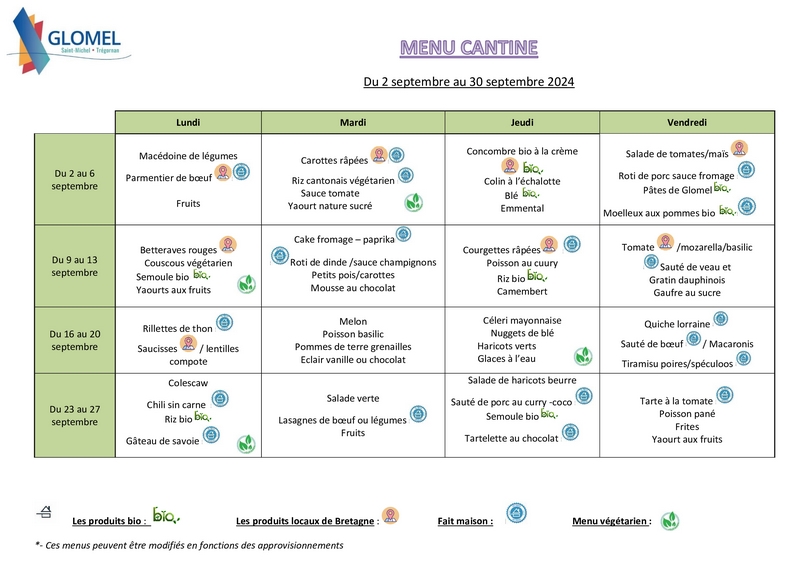 Menu cantine septembre 2024