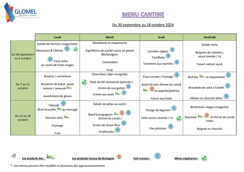 Menu cantine octobre 2024