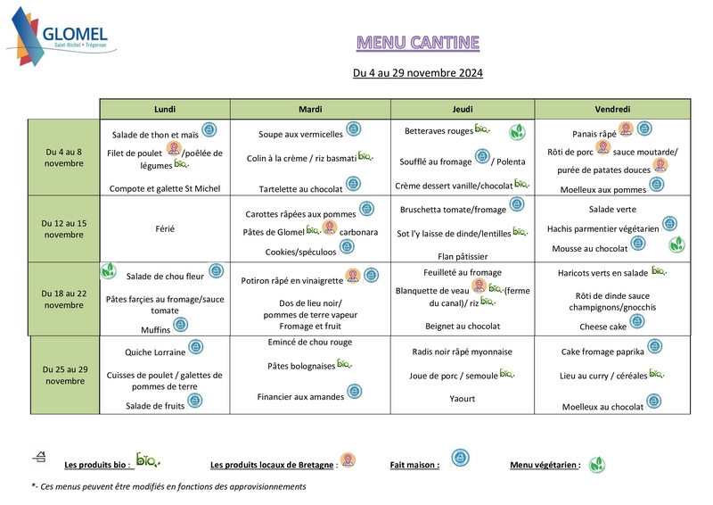 Menu cantine novembre 2024